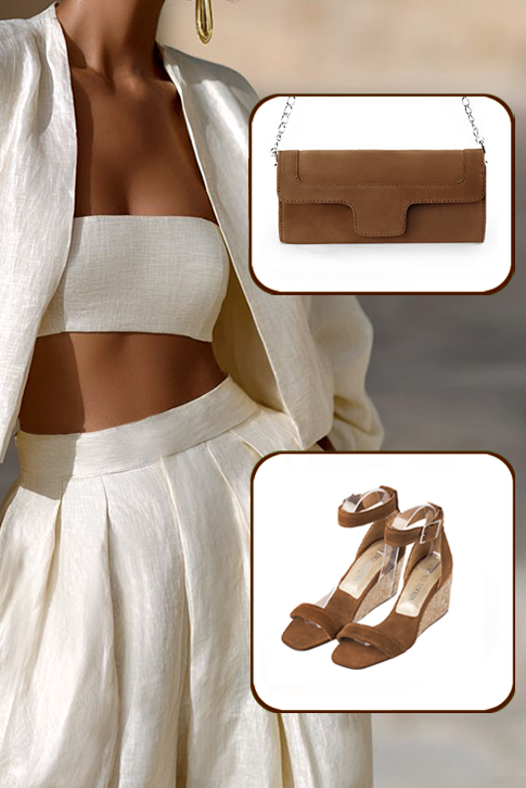 Dress sandals ankle strap in caramel brown leather with medium wedge heels and square toe - Worn view